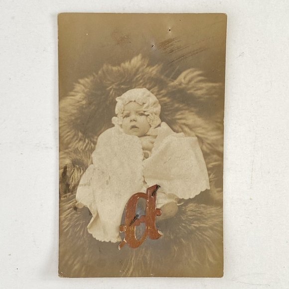 RPPC Baby Serious Look Monogram A Pinned Gel Silver AZO Divided Back Postcard - Picture 2 of 3